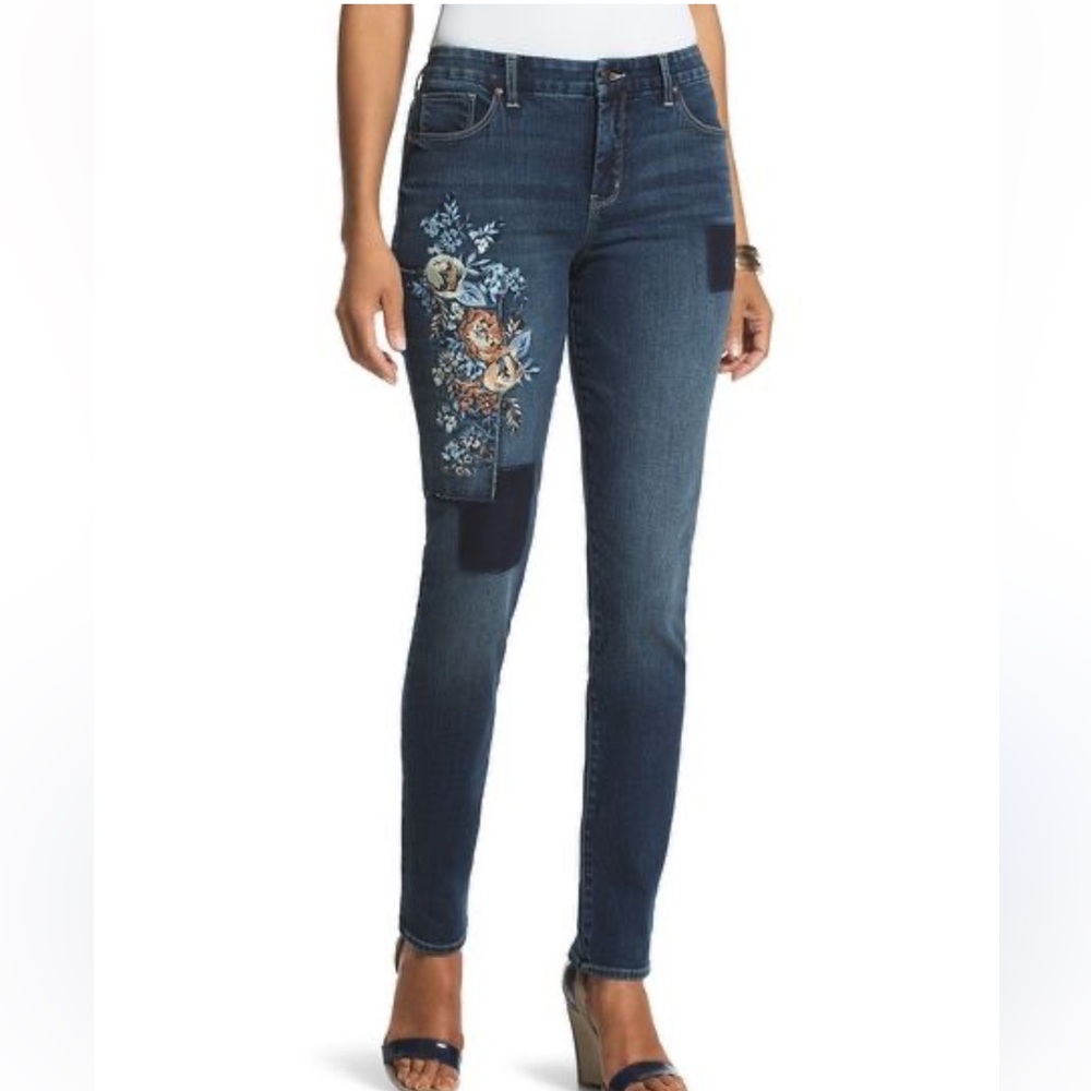 Chico’s Embroidered Jeans Womens 8 Floral Patchwork Ankle Stretch Blue